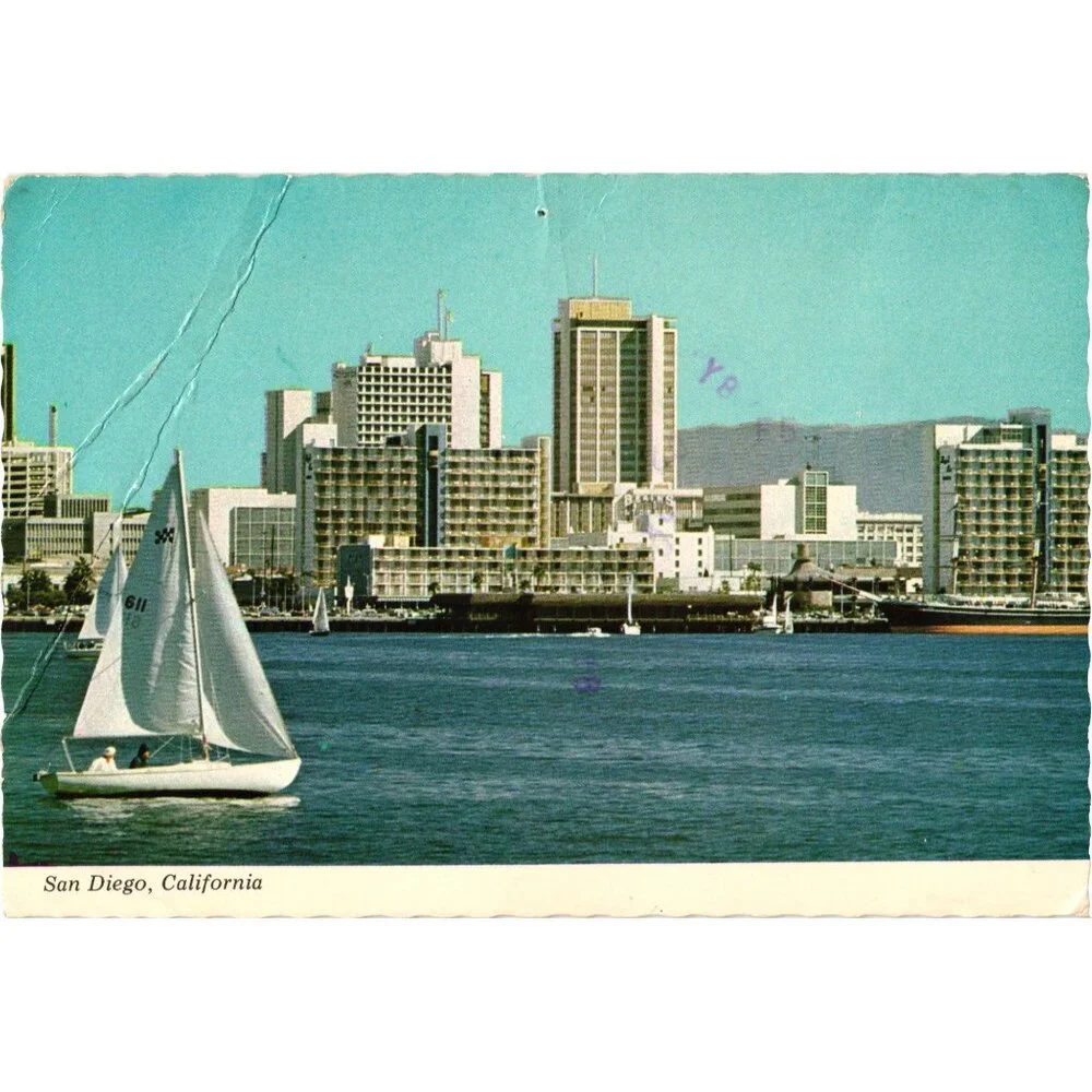 Vintage San Diego California Postcard Downtown Skyline Sailboats 1975 Kolor-Vue